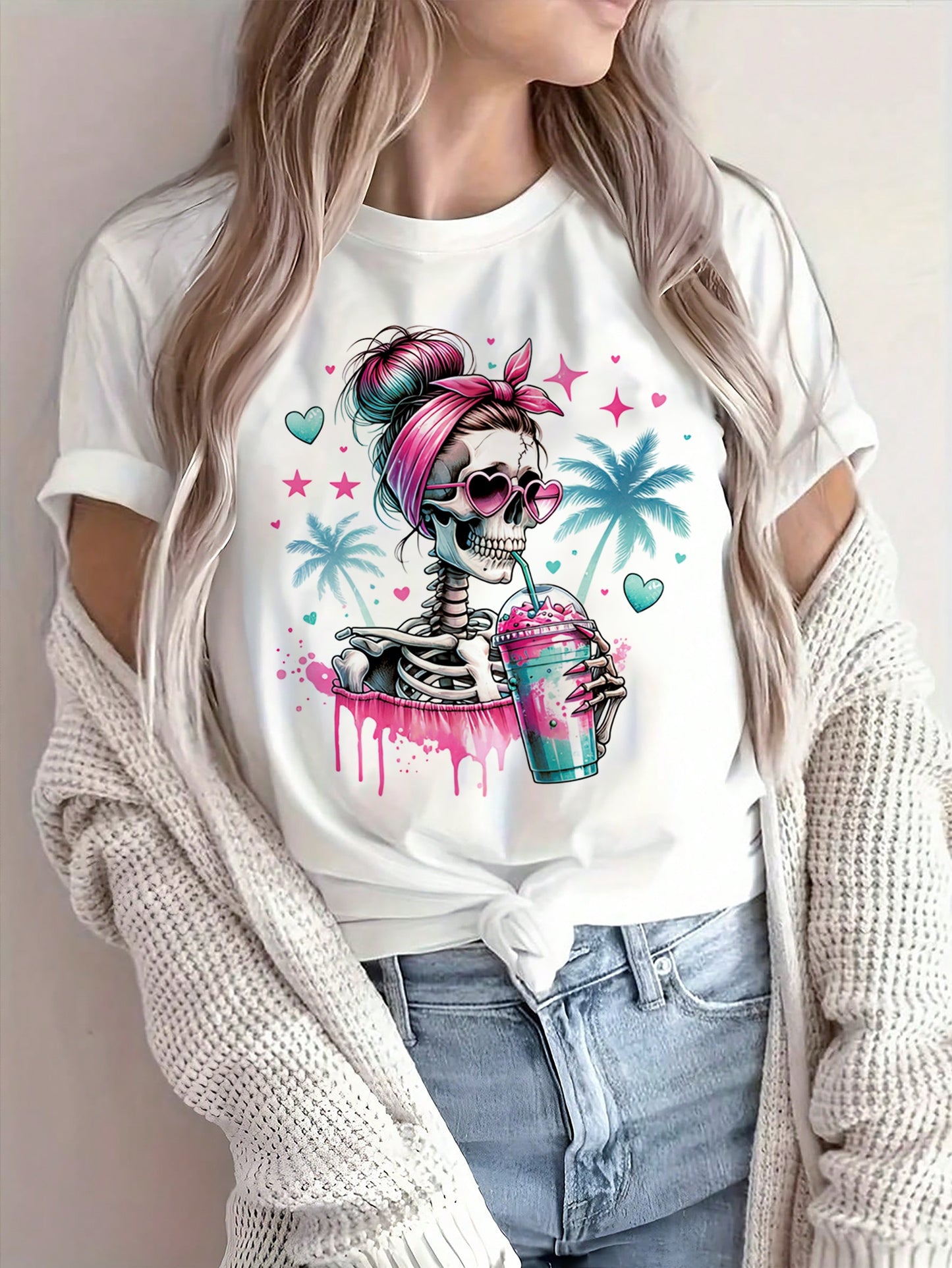 Skull Print Crew Neck T-shirt, Comfy Short Sleeve Casual Top For Summer & Spring, Women's Clothing