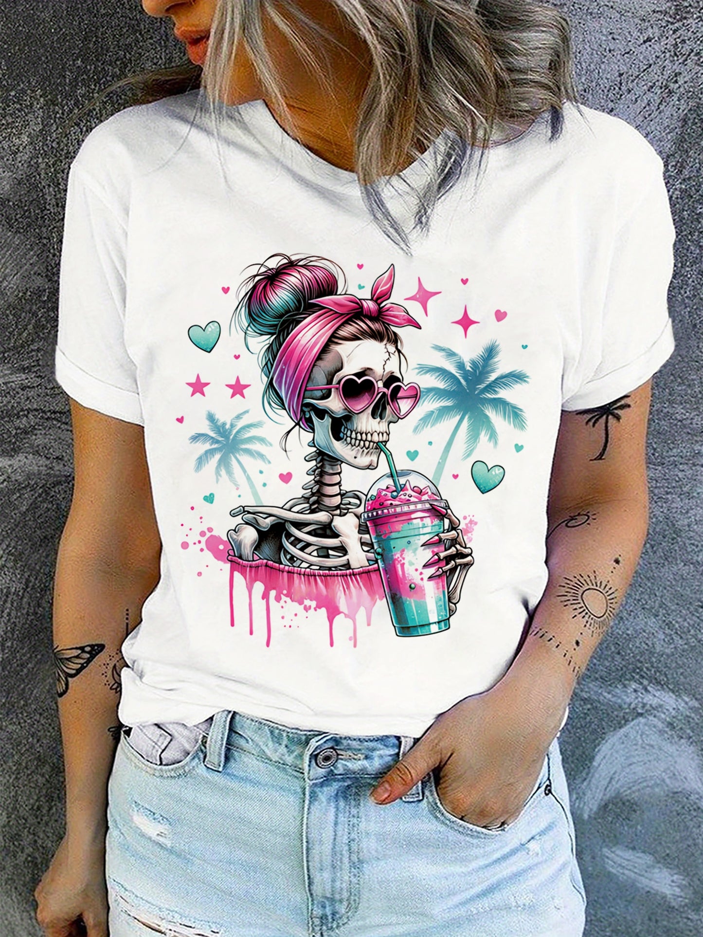 Skull Print Crew Neck T-shirt, Comfy Short Sleeve Casual Top For Summer & Spring, Women's Clothing