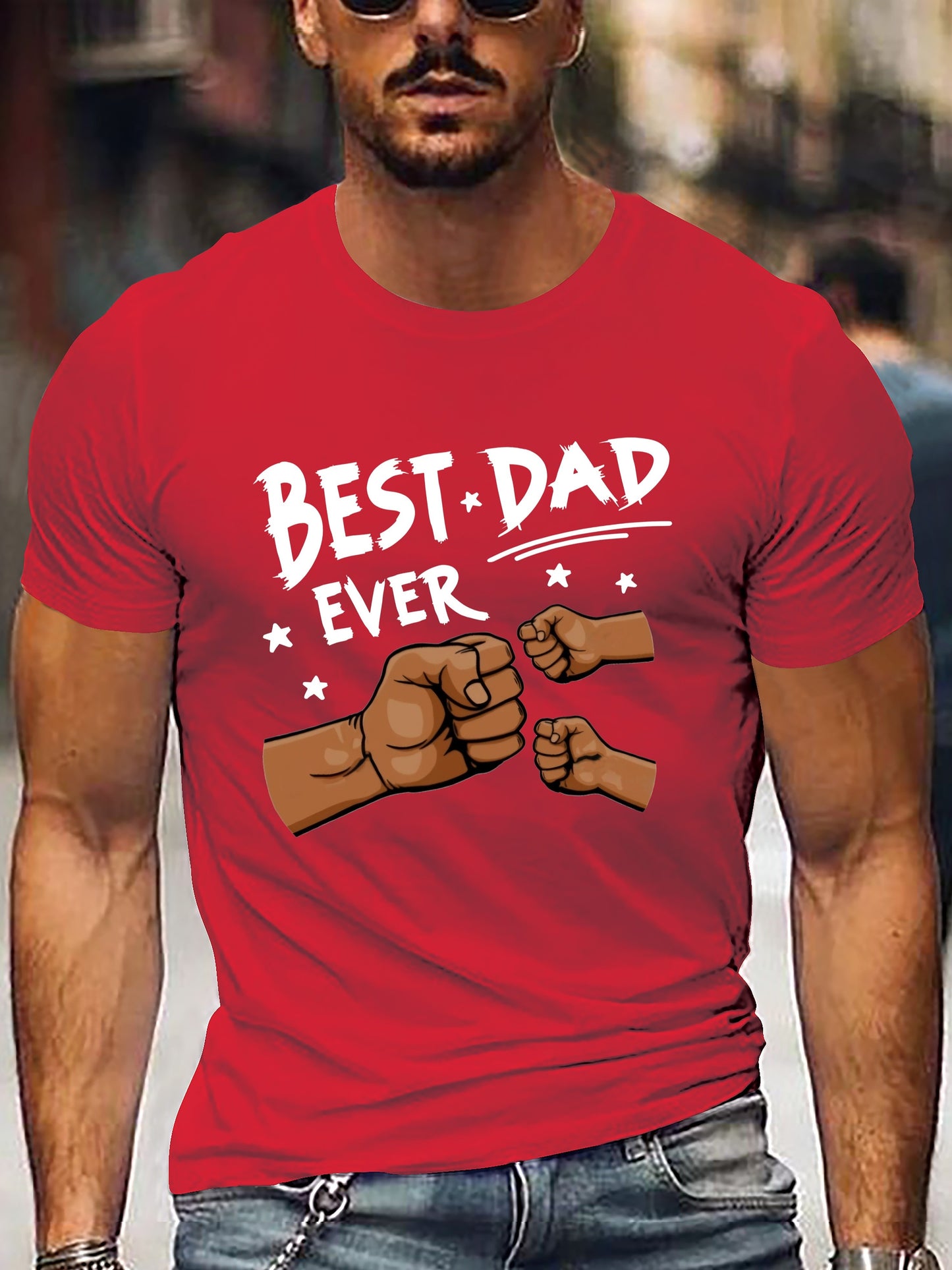 Men'S "Best Dad Ever" Graphic T-Shirt - Casual Short Sleeve, White with Black Fist Design, Perfect for Father'S Day or Everyday Wear, Everyday Tshirt | Playful Graphic Tee | Stretchable Fabric