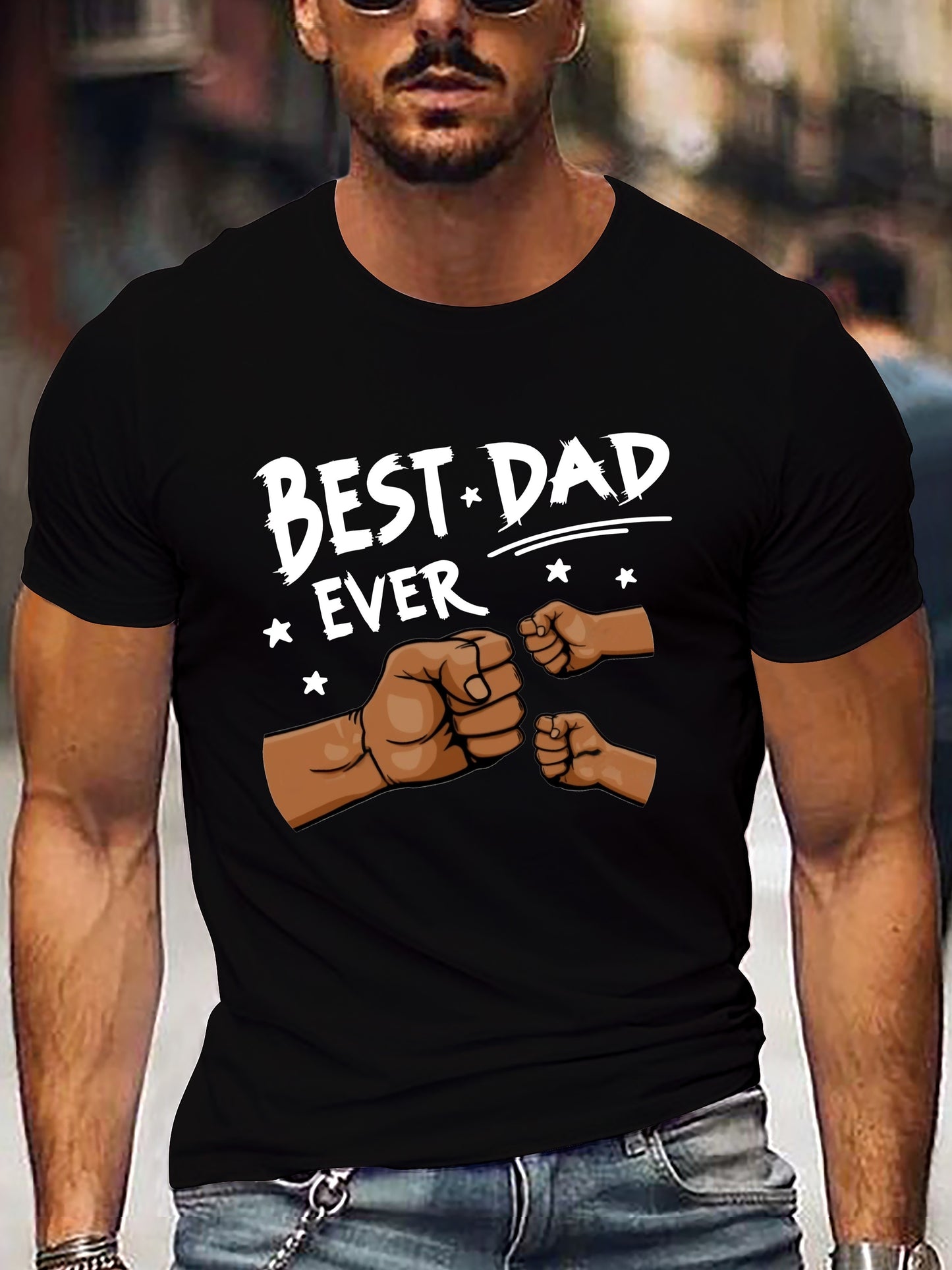 Men'S "Best Dad Ever" Graphic T-Shirt - Casual Short Sleeve, White with Black Fist Design, Perfect for Father'S Day or Everyday Wear, Everyday Tshirt | Playful Graphic Tee | Stretchable Fabric