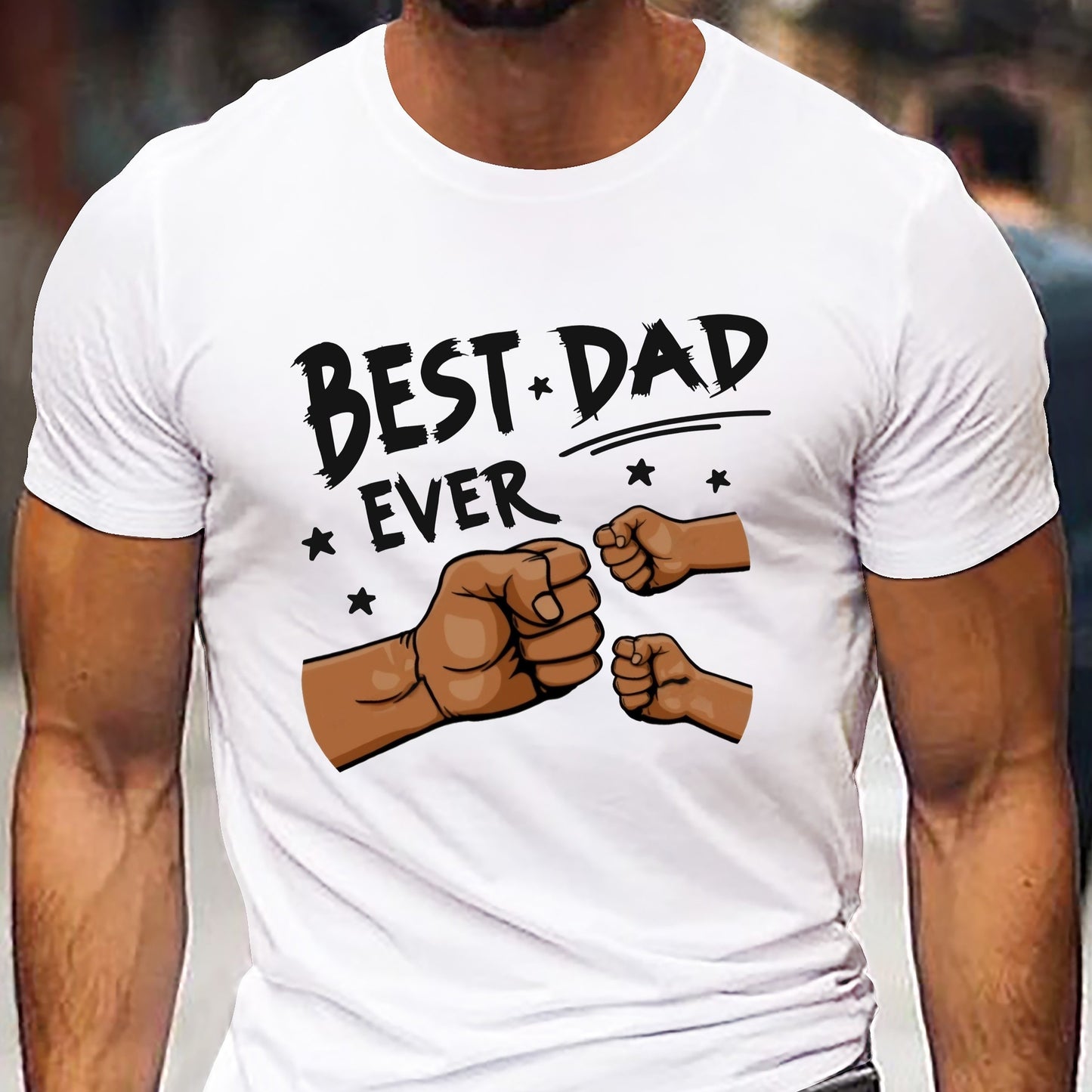 Men'S "Best Dad Ever" Graphic T-Shirt - Casual Short Sleeve, White with Black Fist Design, Perfect for Father'S Day or Everyday Wear, Everyday Tshirt | Playful Graphic Tee | Stretchable Fabric