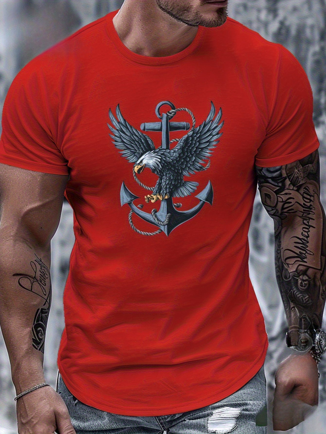 180G Pure Cotton Single-Sided Printed Round Neck Short Sleeve T-Shirt, Eagle Wings Pattern Pure Cotton Men's T-Shirt Comfortable Version