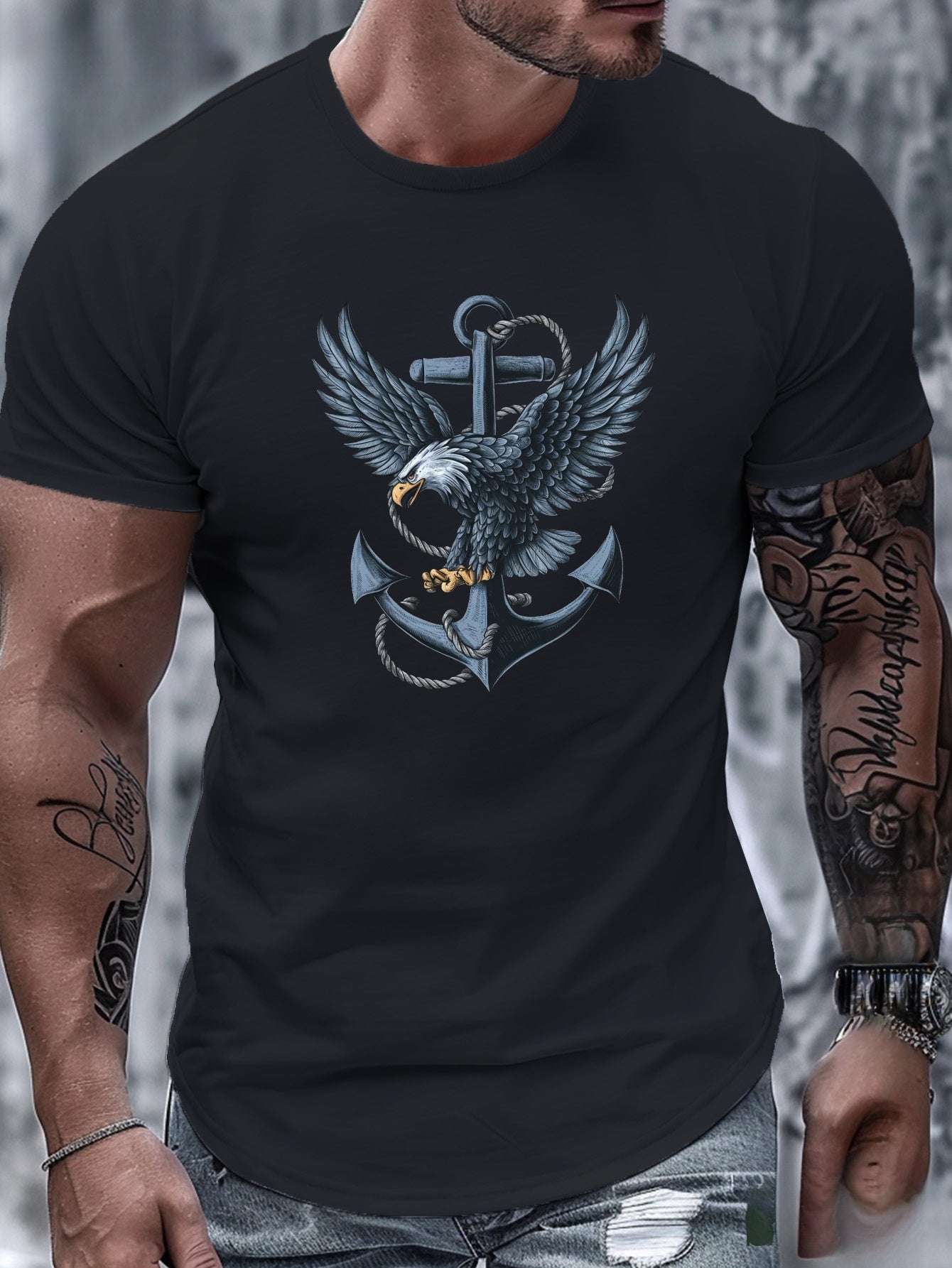 180G Pure Cotton Single-Sided Printed Round Neck Short Sleeve T-Shirt, Eagle Wings Pattern Pure Cotton Men's T-Shirt Comfortable Version