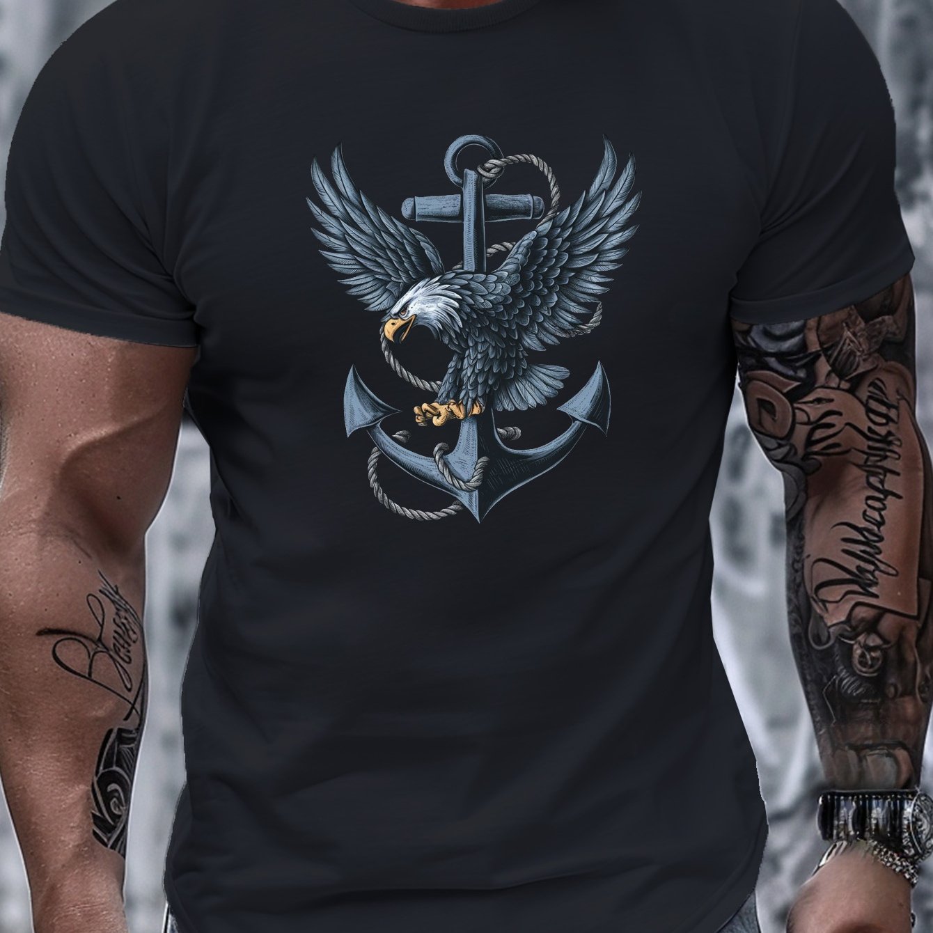 180G Pure Cotton Single-Sided Printed Round Neck Short Sleeve T-Shirt, Eagle Wings Pattern Pure Cotton Men's T-Shirt Comfortable Version