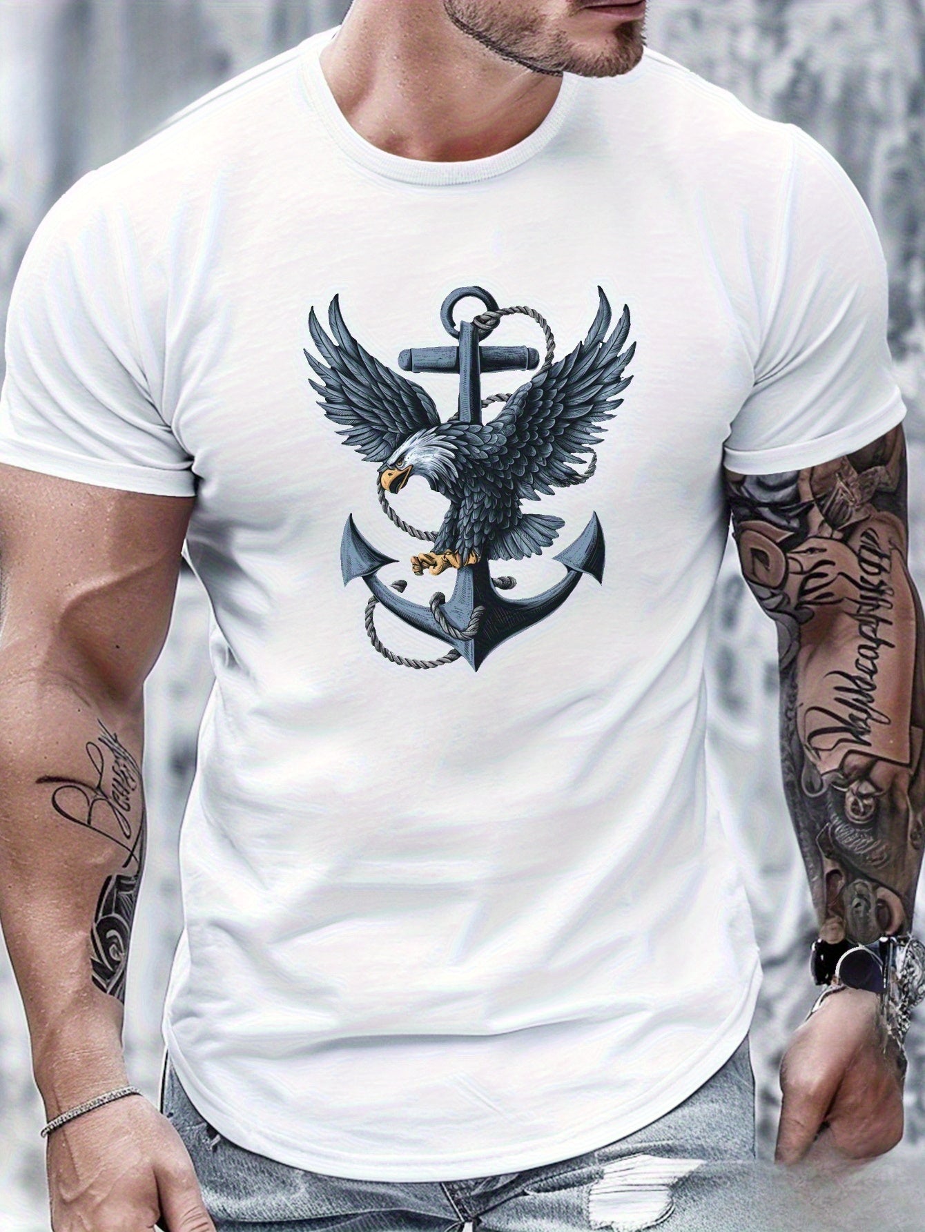 180G Pure Cotton Single-Sided Printed Round Neck Short Sleeve T-Shirt, Eagle Wings Pattern Pure Cotton Men's T-Shirt Comfortable Version