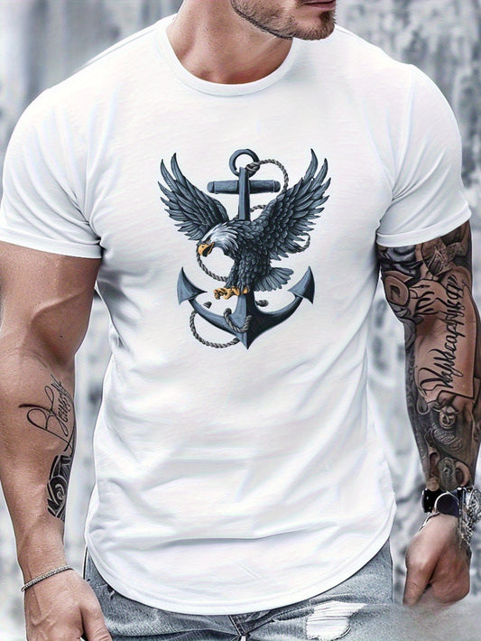 180G Pure Cotton Single-Sided Printed Round Neck Short Sleeve T-Shirt, Eagle Wings Pattern Pure Cotton Men's T-Shirt Comfortable Version