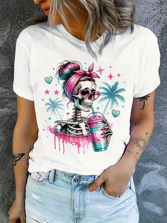 Skull Print Crew Neck T-shirt, Comfy Short Sleeve Casual Top For Summer & Spring, Women's Clothing