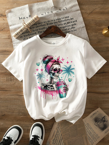 Skull Print Crew Neck T-shirt, Comfy Short Sleeve Casual Top For Summer & Spring, Women's Clothing